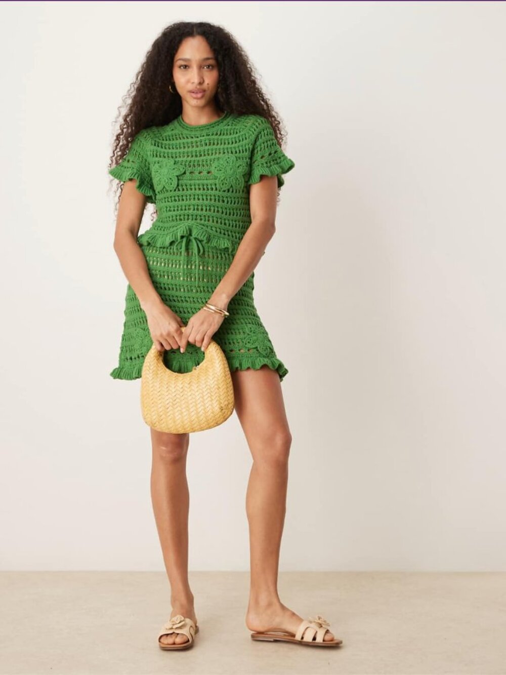 ASOS DESIGN Khaki Green Crochet Flower Open Knit Top - Size S
